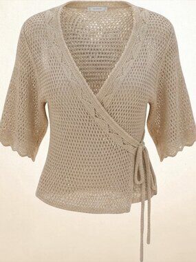 Theory Vintage Y2K Crochet Knit Wrap Top Beige Sheer Shrug Cardigan - OS / M